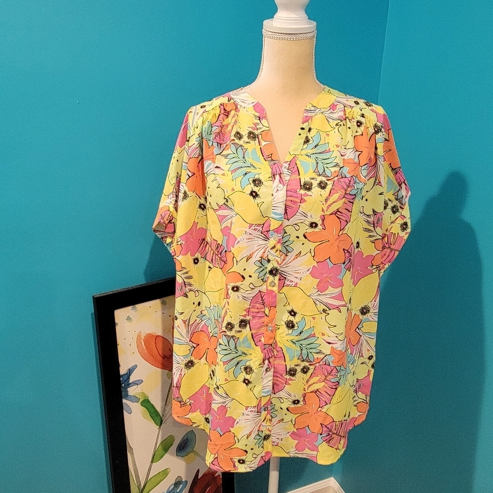 Ruby Rd. Woman 1X Plus Lightweight Button Front Blouse Yellow Tropical Floral